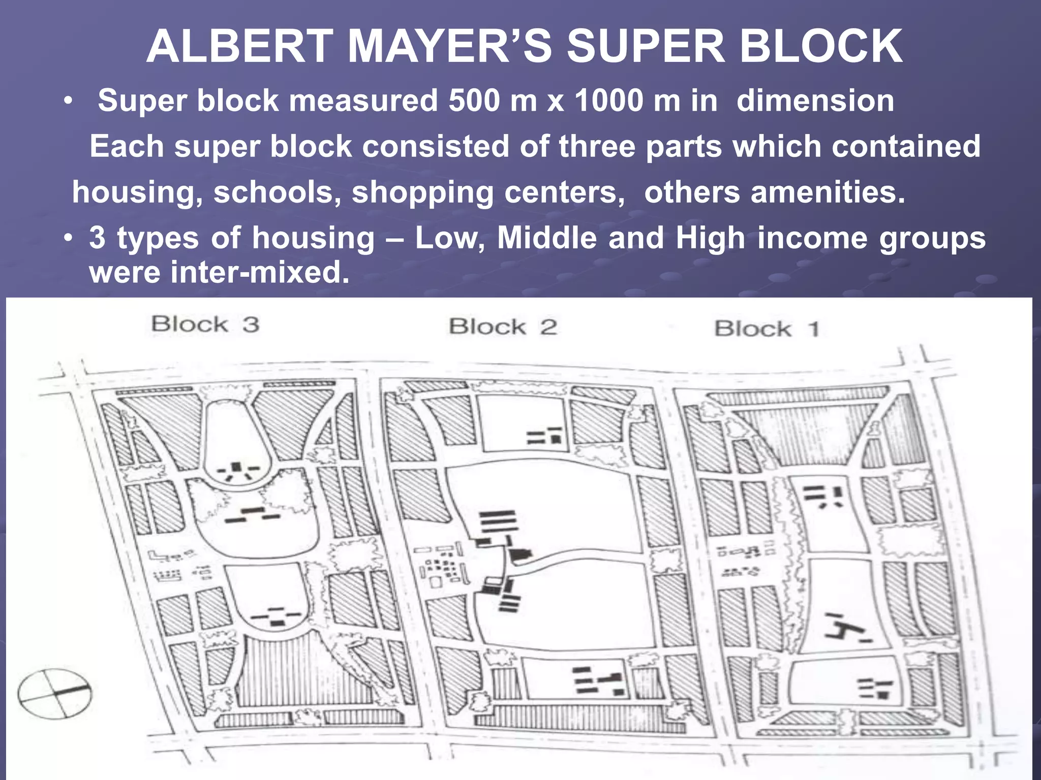 ALBERT MAYER’S SUPER BLOCK
• Super block measured 500 m x 1000 m in dimension
Each super block consisted of three parts which contained
housing, schools, shopping centers, others amenities.
• 3 types of housing – Low, Middle and High income groups
were inter-mixed.
 