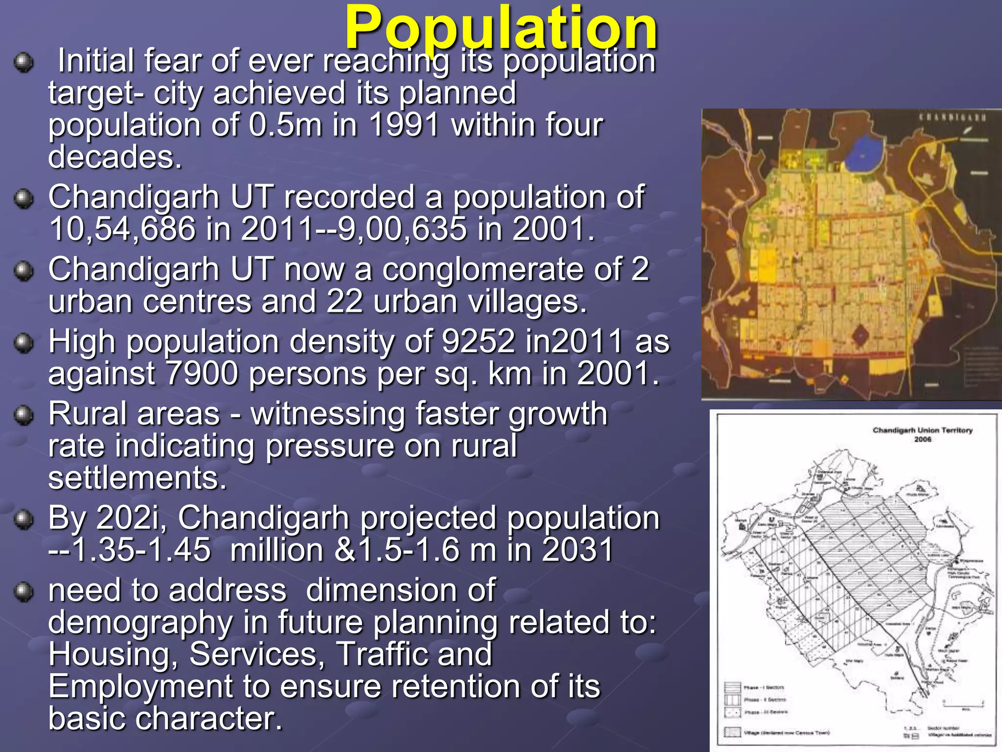 Population
Initial fear of ever reaching its population
target- city achieved its planned
population of 0.5m in 1991 within four
decades.
Chandigarh UT recorded a population of
10,54,686 in 2011--9,00,635 in 2001.
Chandigarh UT now a conglomerate of 2
urban centres and 22 urban villages.
High population density of 9252 in2011 as
against 7900 persons per sq. km in 2001.
Rural areas - witnessing faster growth
rate indicating pressure on rural
settlements.
By 202i, Chandigarh projected population
--1.35-1.45 million &1.5-1.6 m in 2031
need to address dimension of
demography in future planning related to:
Housing, Services, Traffic and
Employment to ensure retention of its
basic character.
 