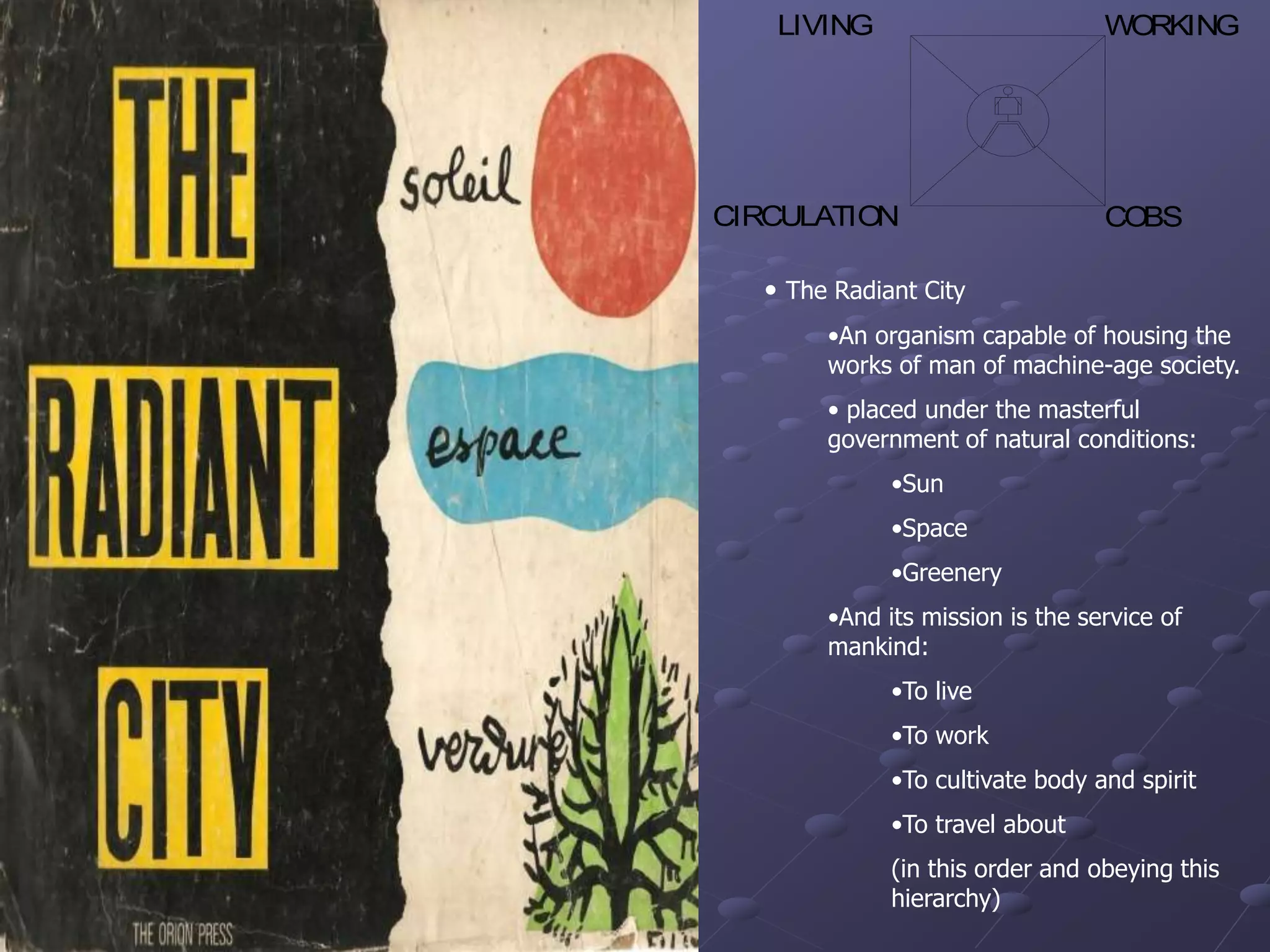 CO
BS
WO
RKING
LIVING
CIRCULATIO
N
• The Radiant City
•An organism capable of housing the
works of man of machine-age society.
• placed under the masterful
government of natural conditions:
•Sun
•Space
•Greenery
•And its mission is the service of
mankind:
•To live
•To work
•To cultivate body and spirit
•To travel about
(in this order and obeying this
hierarchy)
 