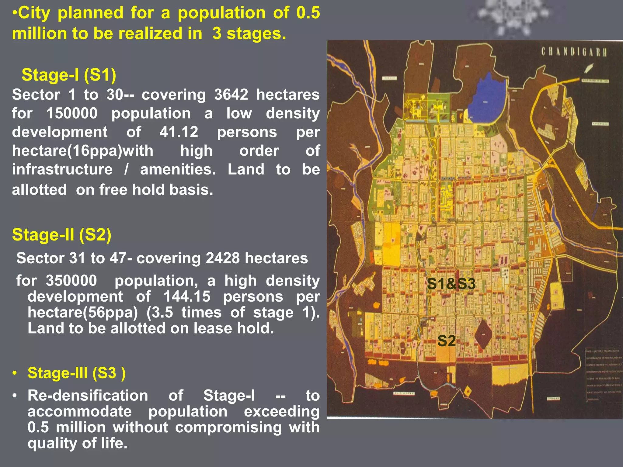 COLONIAL ARCHITECTURE
VICTORIA HALL KOLKATA
•City planned for a population of 0.5
million to be realized in 3 stages.
Stage-I (S1)
Sector 1 to 30-- covering 3642 hectares
for 150000 population a low density
development of 41.12 persons per
hectare(16ppa)with high order of
infrastructure / amenities. Land to be
allotted on free hold basis.
Stage-II (S2)
Sector 31 to 47- covering 2428 hectares
for 350000 population, a high density
development of 144.15 persons per
hectare(56ppa) (3.5 times of stage 1).
Land to be allotted on lease hold.
• Stage-III (S3 )
• Re-densification of Stage-I -- to
accommodate population exceeding
0.5 million without compromising with
quality of life.
S2
S1&S3
 