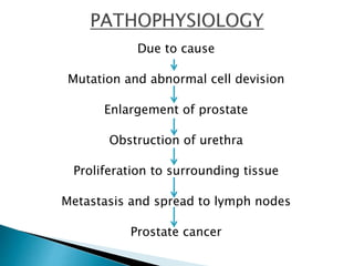 Due to cause
Mutation and abnormal cell devision
Enlargement of prostate
Obstruction of urethra
Proliferation to surrounding tissue
Metastasis and spread to lymph nodes
Prostate cancer
 