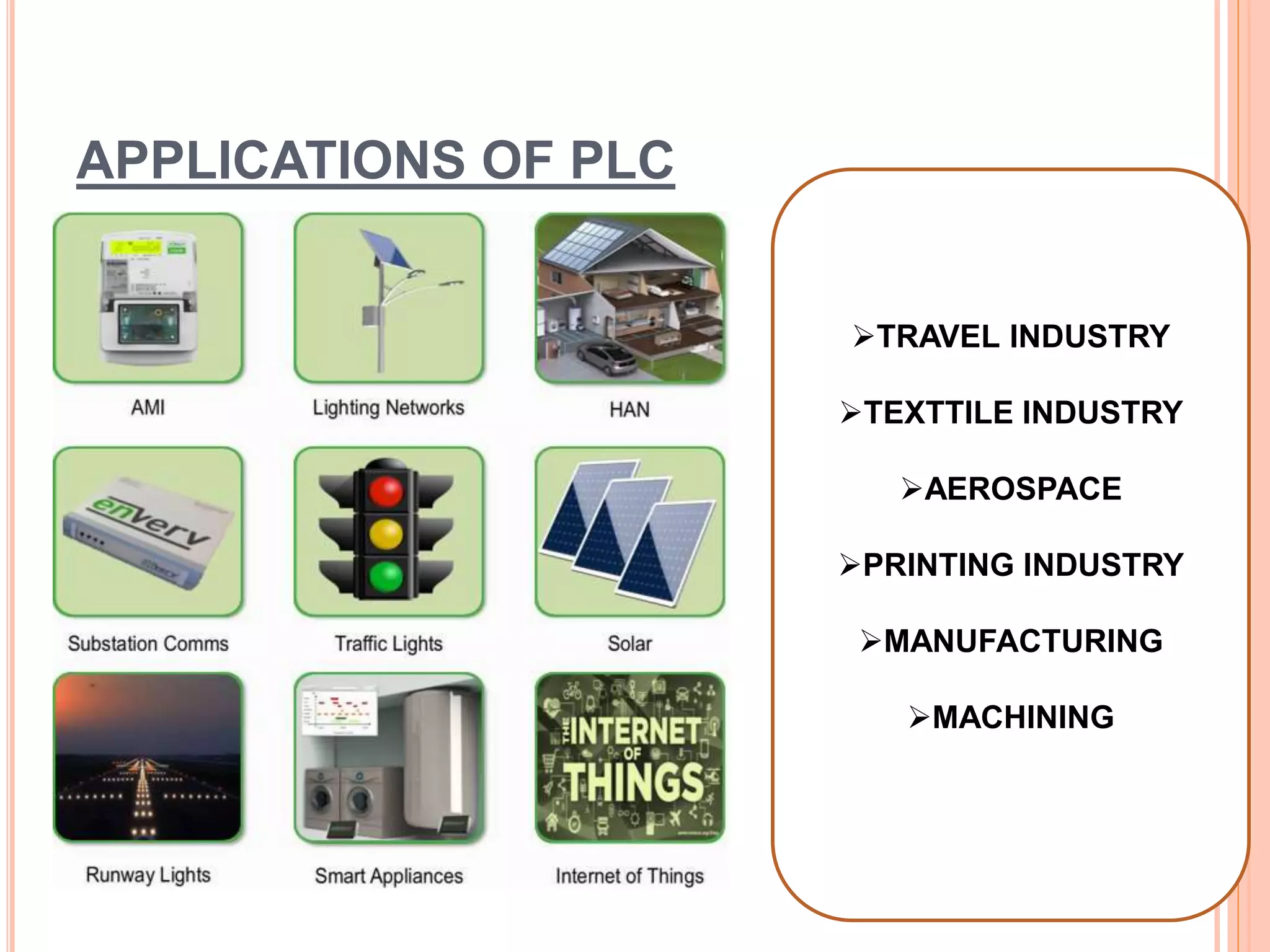 APPLICATIONS OF PLC
TRAVEL INDUSTRY
TEXTTILE INDUSTRY
AEROSPACE
PRINTING INDUSTRY
MANUFACTURING
MACHINING