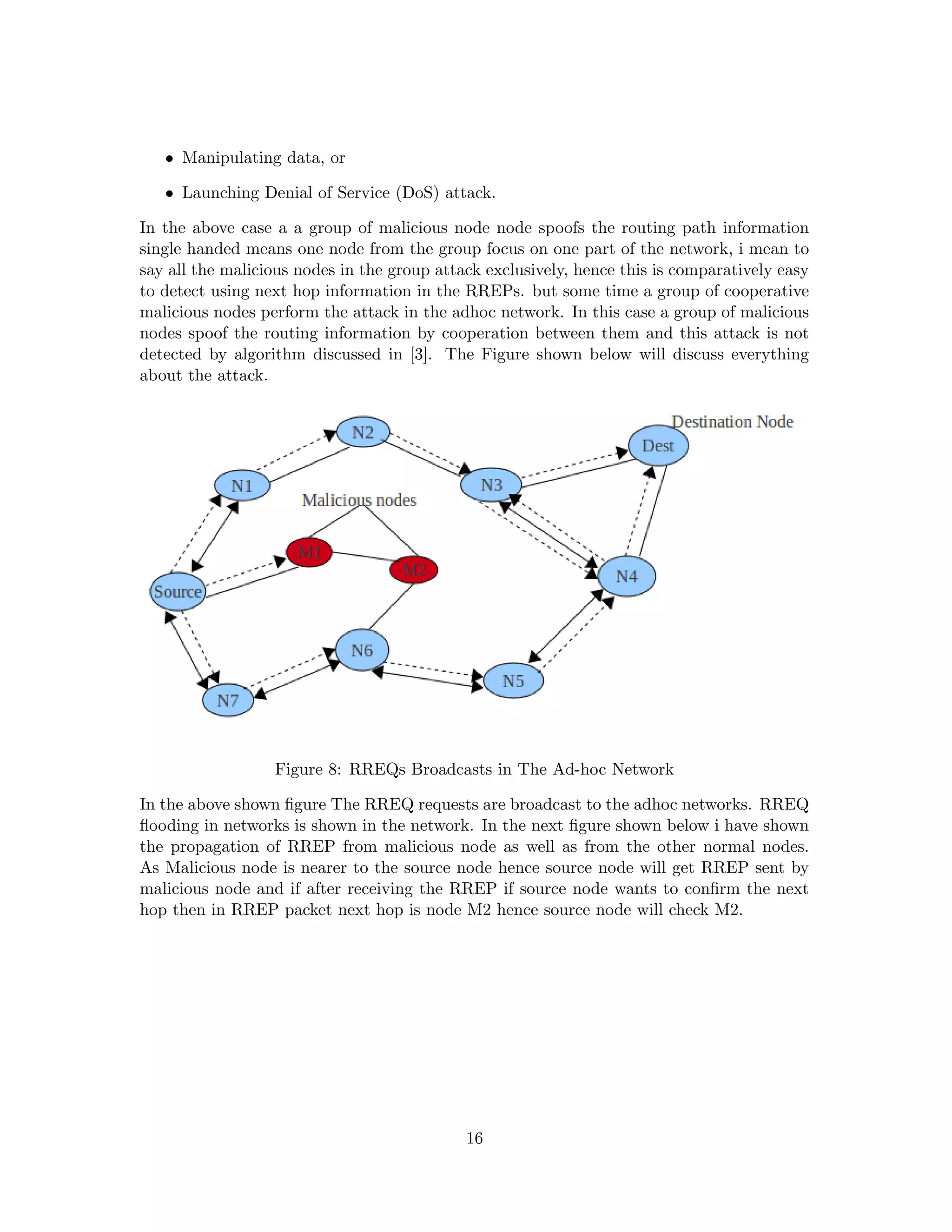 • Manipulating data, or

   • Launching Denial of Service (DoS) attack.

In the above case a a group of malicious node node spoofs the routing path information
single handed means one node from the group focus on one part of the network, i mean to
say all the malicious nodes in the group attack exclusively, hence this is comparatively easy
to detect using next hop information in the RREPs. but some time a group of cooperative
malicious nodes perform the attack in the adhoc network. In this case a group of malicious
nodes spoof the routing information by cooperation between them and this attack is not
detected by algorithm discussed in [3]. The Figure shown below will discuss everything
about the attack.




                  Figure 8: RREQs Broadcasts in The Ad-hoc Network

In the above shown ﬁgure The RREQ requests are broadcast to the adhoc networks. RREQ
ﬂooding in networks is shown in the network. In the next ﬁgure shown below i have shown
the propagation of RREP from malicious node as well as from the other normal nodes.
As Malicious node is nearer to the source node hence source node will get RREP sent by
malicious node and if after receiving the RREP if source node wants to conﬁrm the next
hop then in RREP packet next hop is node M2 hence source node will check M2.




                                             16
 