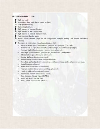 BREEDING OBJECTIVES:
 High pod yield
 Non-stringy, long pods, flat or round in shape.
 Early pod harvesting.
 Bush/pole plant type.
 High number of green pods/plant.
 High number of pod clusters/plant.
 High number of primary branches/plant.
 Free from inter-locular space.
 Abiotic stress tolerance (high and low temperature, drought, salinity, soil nutrient deficiency,
Fixation).
 Resistance to biotic stress (insect-pest, diseases etc.).
 Bacterial brown spot (Pseudomonas syringae pv. syringae (Van Hall)
 Bacterial wilt (Corynebacterium flacumfaciens pv. flacumfaciens (Hedges)
 Common blight (Xanthomonas campestris pv. phaseoli)
 Halo blight (Pseudomonas syringae pv. phaseolicola (Burk) Dows
 Alternaria leaf spot (Alternaria alternate)
 Angular leaf spot (Isariopsis griseola)
 Anthracnose (Colletotrichum lindemuthianum)
 Ascochyta leaf and pod spot (Ascochyta boltshauseri Sacc. and A. phaseolorum Sacc.)
 Rust (Uromyces phaseoli)
 White mold (Sclerotinia sclerotiorum)
 Fusarium root rot (Fusarium solani f.s.p. phaseoli)
 Powdery mildew (Erisyphe polygoni)
 Rhizoctonia root rot (Rhizoctonia solani)
 Bean Common Mosaic Virus (BCMV)
 Beet Curly Top Virus (BCTV)
 Bean Golden Mosaic Virus (BGMV).
 