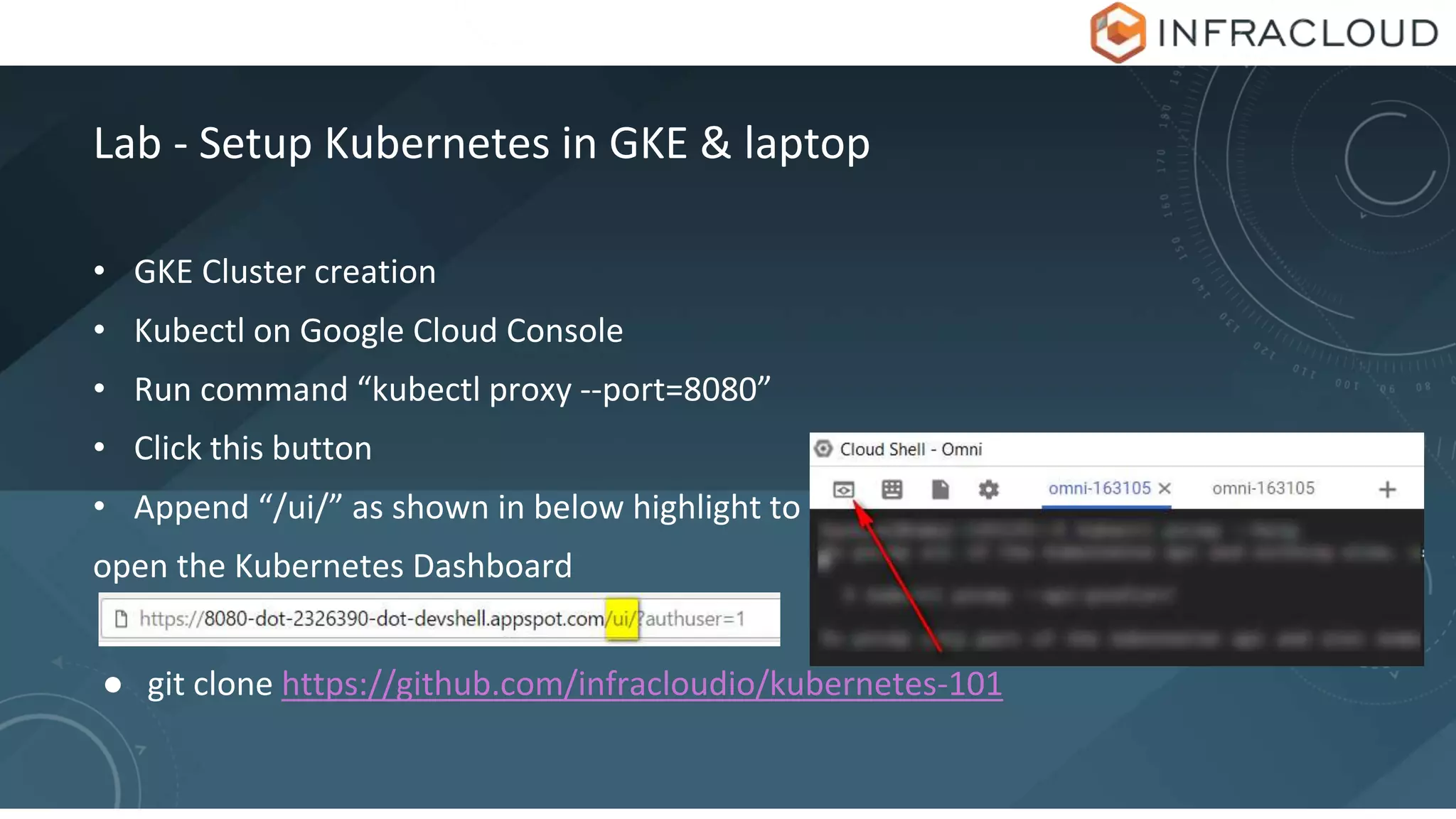 Lab - Setup Kubernetes in GKE & laptop
• GKE Cluster creation
• Kubectl on Google Cloud Console
• Run command “kubectl proxy --port=8080”
• Click this button
• Append “/ui/” as shown in below highlight to
open the Kubernetes Dashboard
● git clone https://github.com/infracloudio/kubernetes-101
 