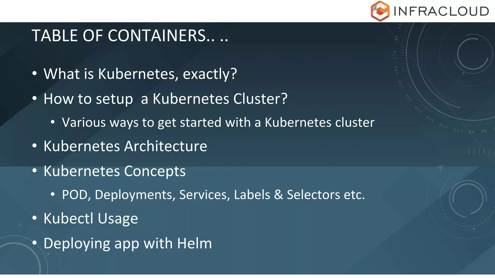 TABLE OF CONTAINERS.. ..
• What is Kubernetes, exactly?
• How to setup a Kubernetes Cluster?
• Various ways to get started with a Kubernetes cluster
• Kubernetes Architecture
• Kubernetes Concepts
• POD, Deployments, Services, Labels & Selectors etc.
• Kubectl Usage
• Deploying app with Helm
 