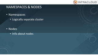 NAMESPACES & NODES
• Namespaces
• Logically separate cluster
• Nodes
• Info about nodes
 