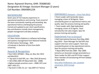 Name: Rajneesh Sharma, OHR: 703080182
Designation & Vintage: Assistant Manager (2 years)
Cell Number: 09649841234
BACKGROUND
Seven yeas of rich industry experience in
operational excellence and training. Track record of
the team consistently meeting and exceeding key
operational metrics and keeping the process
trained and updated as per client specifications.
Key contributions include client management,
people management and data analytics.
EDUCATION
2 Years Honors Diploma in software technology
and systems management from National Institute
of Information Technology – NIIT.
Graduate in Bachelor of Arts from Delhi
University.
Any other Preference: (ex: Location
constraint, Shift timing)
NA
EXPERIENCE (Genpact – Since Feb 2011)
• Team Leader with Santander Jaipur,
managing a team of 30 Agents. Team
consistently green on operational metrics and
quality. Spoc for process training and quality.
• Team Leader with iYogi Hyderabad,
managing a team of 25 agents. Team
consistently met sales targets. Spoc for
process training and quality.
Experience( Prior to Genpact)
• Dell International Services from May 2009 -
Aug 2010 – Team Manager for Dell XPS chat
support and Core voice support. Team was
consistently green on key operational metrics.
Spoc for process training and quality.
• Wipro BPO from Dec 2004 - Mar 2009.
Joined as an Associate and got promoted as a
Team Leader for AOL and HP Printer support.
Team member of transitioning HP from Kolkata
to New Delhi
Awards & Recognition
 Star FLM in BFSI&H – May, Jul, Nov, Dec 2012
and Mar2013.
 Top team in Dell XPS, Jan – Mar 2010 (8 teams)
 ISO 27001:2005 HP (New Delhi Site - 2008)
 Highest people practices score – 2008 ( HP ) and
2007 ( AOL CS )
 Top team in AOL CS, Jul – Sep 2007 (17 Teams)
 