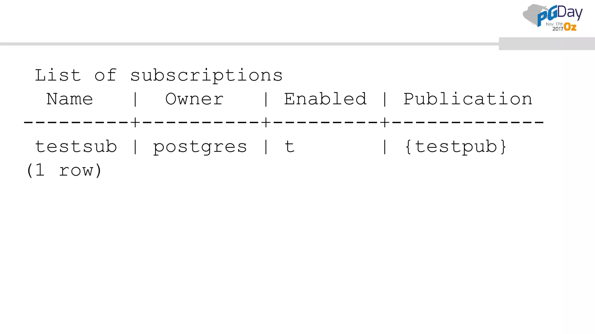 List of subscriptions
Name | Owner | Enabled | Publication
---------+----------+---------+-------------
testsub | postgres | t | {testpub}
(1 row)
 