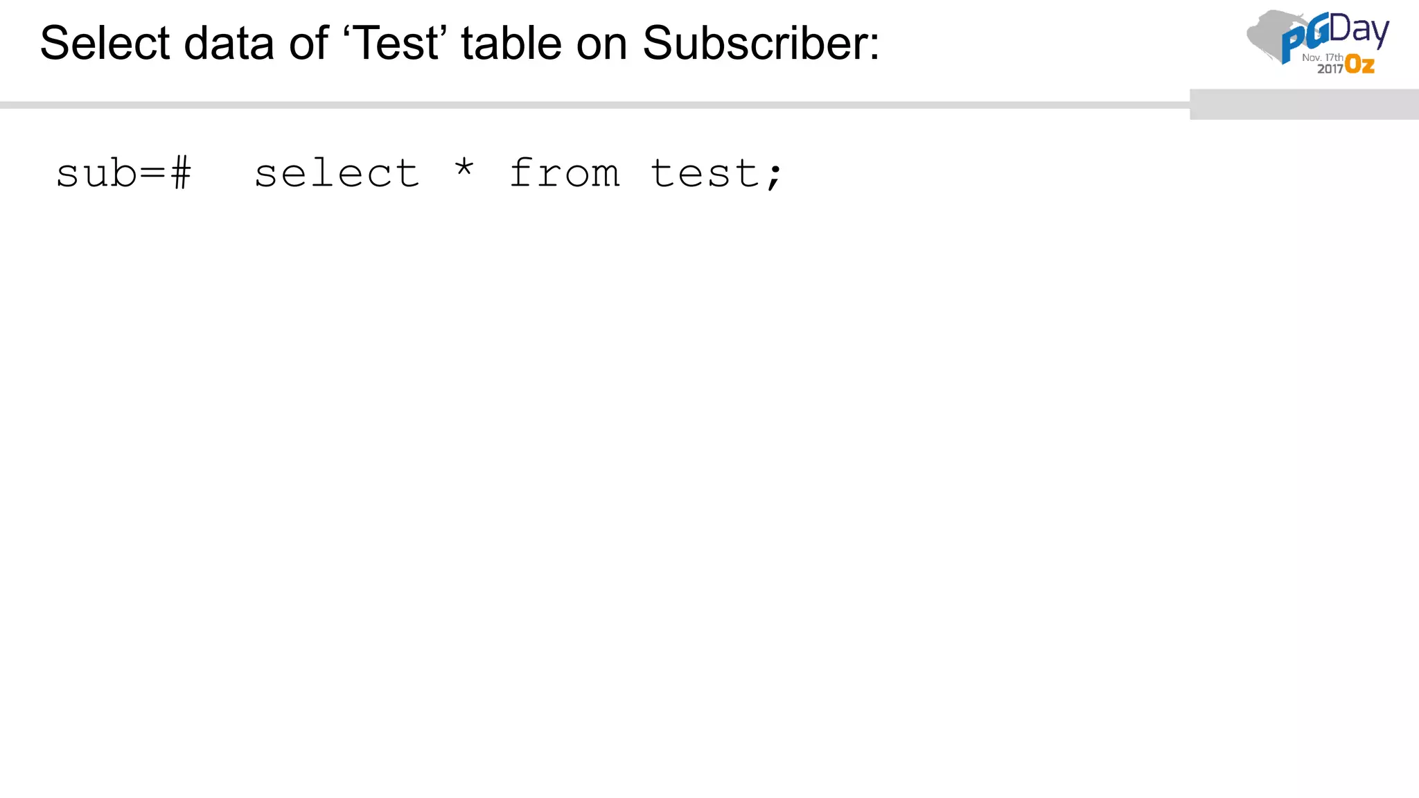 Select data of ‘Test’ table on Subscriber:
sub=# select * from test;
 