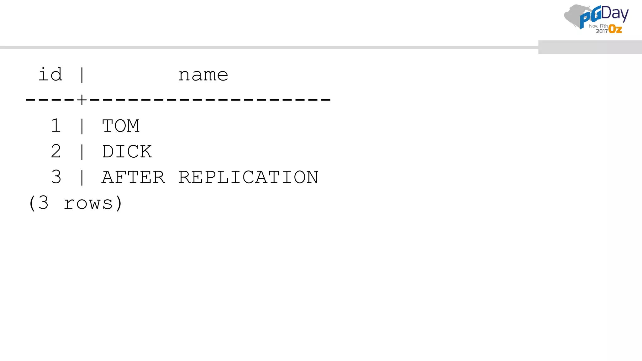 id | name
----+-------------------
1 | TOM
2 | DICK
3 | AFTER REPLICATION
(3 rows)
 