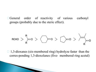 General order of reactivity of various carbonyl
groups (probably due to the steric effect).
1,3-dioxanes (six-membered ring) hydrolyze faster than the
corres-ponding 1,3-dioxolanes (five- membered ring acetal)
 