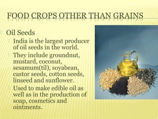    Oil Seeds
       India is the largest producer
        of oil seeds in the world.
       They include groundnut,
        mustard, coconut,
        sesamum(til), soyabean,
        castor seeds, cotton seeds,
        linseed and sunflower.
       Used to make edible oil as
        well as in the production of
        soap, cosmetics and
        ointments.
 