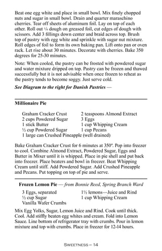 Beat one egg white and place in small bowl. Mix finely chopped
nuts and sugar in small bowl. Drain and quarter maraschino
cherries. Tear off sheets of aluminum foil. Lay on top of each
other. Roll out 1/6 dough on greased foil, cut edges of dough with
scissors. Add 3 fillings down center and braid across top. Brush
top of pastry with egg white and sprinkle with sugar nut mixture.
Roll edges of foil to form its own baking pan. Lift onto pan or oven
rack. Let rise about 30 minutes. Decorate with cherries. Bake 350
degrees for 25-30 minutes.
Note: When cooled, the pastry can be frosted with powdered sugar
and water mixture dripped on top. Pastry can be frozen and thawed
successfully but it is not advisable when once frozen to reheat as
the pastry tends to become soggy. Just serve cold.
See Diagram to the right for Danish Pastries —


Millionaire Pie

   Graham Cracker Crust         2 teaspoons Almond Extract
   2 cups Powdered Sugar        3 Eggs
   1 stick Butter               1 cup Whipping Cream
   ½ cup Powdered Sugar         1 cup Pecans
   1 large can Crushed Pineapple (well drained)

Bake Graham Cracker Crust for 6 minutes at 350º. Pop into freezer
to cool. Combine Almond Extract, Powdered Sugar, Eggs and
Butter in Mixer until it is whipped. Place in pie shell and put back
into freezer. Place beaters and bowl in freezer. Beat Whipping
Cream until stiff. Add Powdered Sugar. Add Crushed Pineapple
and Pecans. Put topping on top of pie and serve.

  Frozen Lemon Pie — from Bonnie Reed, Spring Branch Ward
   3 Eggs, separated              1½ lemons—Juice and Rind
   ½ cup Sugar                    1 cup Whipping Cream
   Vanilla Wafer Crumbs
Mix Egg Yolks, Sugar, Lemon Juice and Rind. Cook until thick.
Cool. Add stiffly beaten egg whites and cream. Fold into Lemon
Sauce. Line bottom of refrigerator tray with crumbs. Pour in lemon
mixture and top with crumbs. Place in freezer for 12-14 hours.


                         Sweetness — 
 
