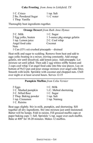 Cake Frosting from Anna in Littlefield, TX

   1 C. Crisco                     1 tsp. Salt
   2 lbs. Powdered Sugar           2/3 C water

   1 Tbsp. Vanilla
Thoroughly beat ingredients together.

             Orange Dessert from Ruth Anne Hymas
   2 C. Milk                   1 C. Sugar
   2 Egg yolks, beaten         1 3-ounce pkg orange gelatin
   1 tsp. Lemon juice          2 C. Cool whip
   Angel food cake             Coconut
   Nuts
   1 Can (15¾ oz) crushed pineapple—drained
Heat milk and sugar to scalding. Remove from heat and add to
eggs yolks beating in a mixer, stirring constantly. Add orange
gelatin, stir until dissolved, add lemon juice. Add pineapple. Let
mixture set until jelled. Then add 2 egg whites stiffly beaten and
2 cups cool whip. Cut angel food cake into bite size pieces. Lay on
bottom of 9x13 pan and pour orange mixture over angel cake bites.
Smooth with knife. Sprinkle with coconut and chopped nuts. Chill
over night or at least several hours. Serves 12-15

               Pumpkin Muffins from Celia Vernier

   2 Eggs                          1 C. Milk
   1 C. Mashed pumpkin             ½ C. Melted shortening
   3 C. Sifted flour               1 C. Sugar
   2 Tbsp. Baking powder           1 tsp. Salt
   1 tsp. Cinnamon                 1 tsp. Nutmeg
   1 C. Raisins
Beat eggs slightly. Stir in milk, pumpkin, and shortening. Sift
together all dry ingredients. Stir into mixture just until moistened.
Batter will be lumpy. Fold in raisins. Fill greased muffin cups or
paper baking cups 2/3 full. Sprinkle ¼ tsp. sugar over each muffin.
Bake at 400º for 18-20 minutes. Makes 12 muffins.




                         Sweetness — 
 