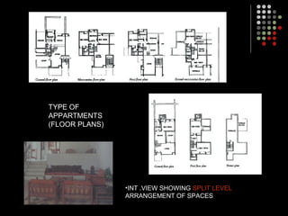 TYPE OF
APPARTMENTS
(FLOOR PLANS)
•INT .VIEW SHOWING SPLIT LEVEL
ARRANGEMENT OF SPACES
 