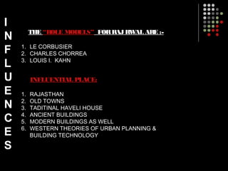 II
NN
FF
LL
UU
EE
NN
CC
EE
SS
THE “ROLE MODELS” FORRAJRWAL ARE :-
1. LE CORBUSIER
2. CHARLES CHORREA
3. LOUIS I. KAHN
INFLUENTIAL PLACE:
1. RAJASTHAN
2. OLD TOWNS
3. TADITINAL HAVELI HOUSE
4. ANCIENT BUILDINGS
5. MODERN BUILDINGS AS WELL
6. WESTERN THEORIES OF URBAN PLANNING &
BUILDING TECHNOLOGY
 