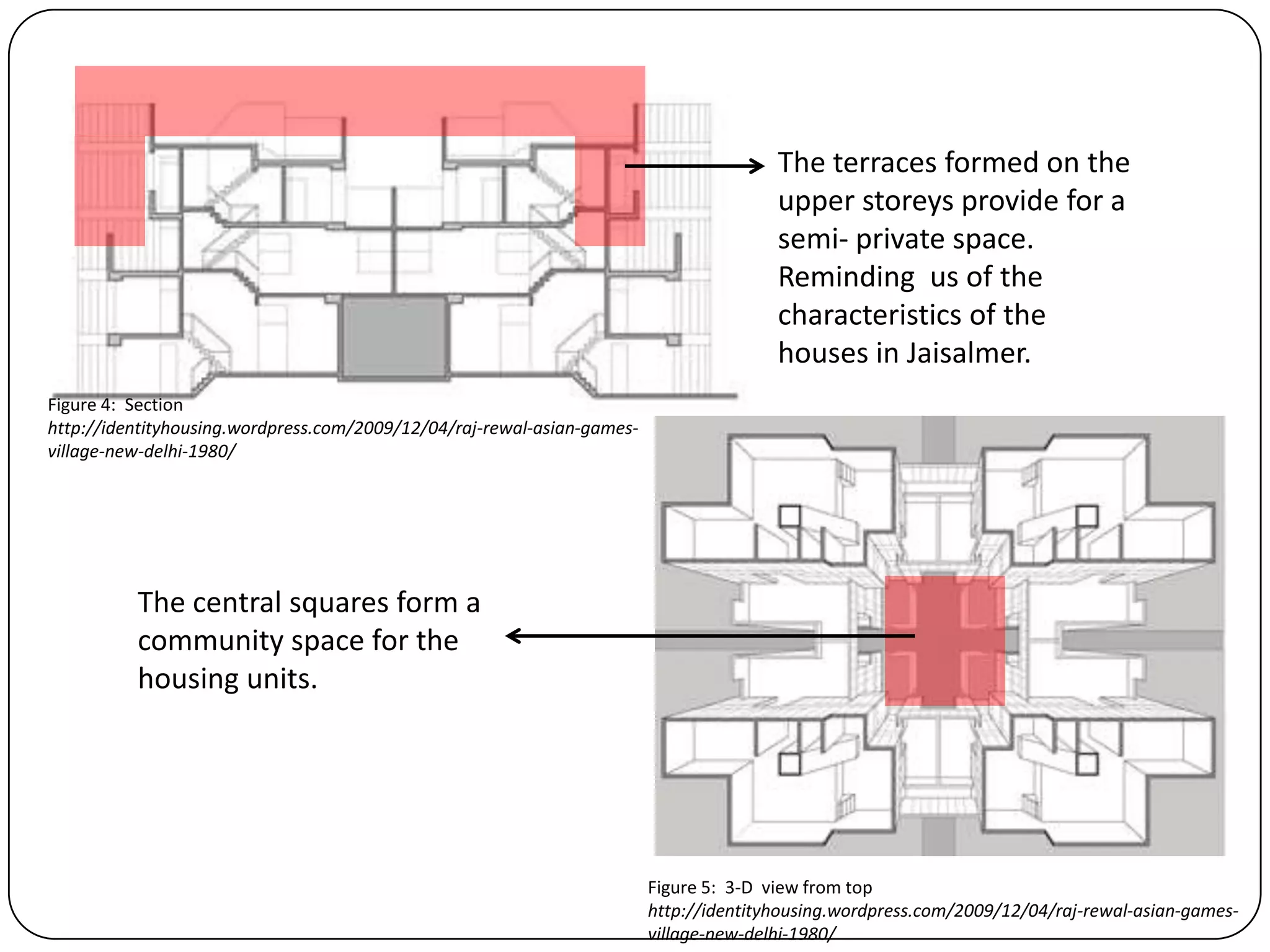 Figure 4: Section
http://identityhousing.wordpress.com/2009/12/04/raj-rewal-asian-games-
village-new-delhi-1980/
Figure 5: 3-D view from top
http://identityhousing.wordpress.com/2009/12/04/raj-rewal-asian-games-
village-new-delhi-1980/
The terraces formed on the
upper storeys provide for a
semi- private space.
Reminding us of the
characteristics of the
houses in Jaisalmer.
The central squares form a
community space for the
housing units.
 