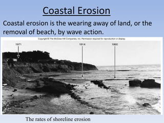 Coastal erosion is the wearing away of land, or the
removal of beach, by wave action.
Coastal Erosion
The rates of shoreline erosion
 