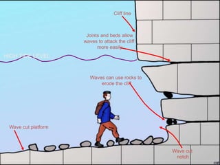 Tom Abbott, Biddulph High School and
made available through
www.sln.org.uk/geography and only for
Joints and beds allow
waves to attack the cliff
more easily
Waves can use rocks to
erode the cliff
Wave cut platform
Wave cut
notch
Cliff line
HIGH TIDE LEVEL
 