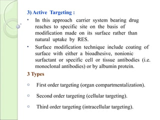 3) Active Targeting :
• In this approach carrier system bearing drug
reaches to specific site on the basis of
modification made on its surface rather than
natural uptake by RES.
• Surface modification technique include coating of
surface with either a bioadhesive, nonionic
surfactant or specific cell or tissue antibodies (i.e.
monoclonal antibodies) or by albumin protein.
3 Types
o First order targeting (organ compartmentalization).
o Second order targeting (cellular targeting).
o Third order targeting (intracellular targeting).
 