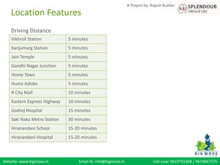 Website: www.bigmove.in Email Id: info@bigmove.in Call now: 9619755368 / 9619667575
A Project by: Rajesh Builder
Driving Distance
Vikhroli Station 5 minutes
Kanjumarg Station 5 minutes
Jain Temple 5 minutes
Gandhi Nagar Junction 5 minutes
Home Town 5 minutes
Huma Adlabs 5 minutes
R City Mall 10 minutes
Eastern Express Highway 10 minutes
Godrej Hospital 15 minutes
Saki Naka Metro Station 30 minutes
Hiranandani School 15-20 minutes
Hiranandani Hospital 15-20 minutes
Location Features
 