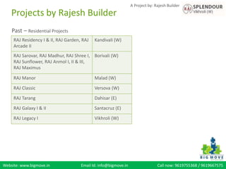 Website: www.bigmove.in Email Id: info@bigmove.in Call now: 9619755368 / 9619667575
A Project by: Rajesh Builder
Past – Residential Projects
RAJ Residency I & II, RAJ Garden, RAJ
Arcade II
Kandivali (W)
RAJ Sarovar, RAJ Madhur, RAJ Shree I,
RAJ Sunflower, RAJ Anmol I, II & III,
RAJ Maximus
Borivali (W)
RAJ Manor Malad (W)
RAJ Classic Versova (W)
RAJ Tarang Dahisar (E)
RAJ Galaxy I & II Santacruz (E)
RAJ Legacy I Vikhroli (W)
Projects by Rajesh Builder
 