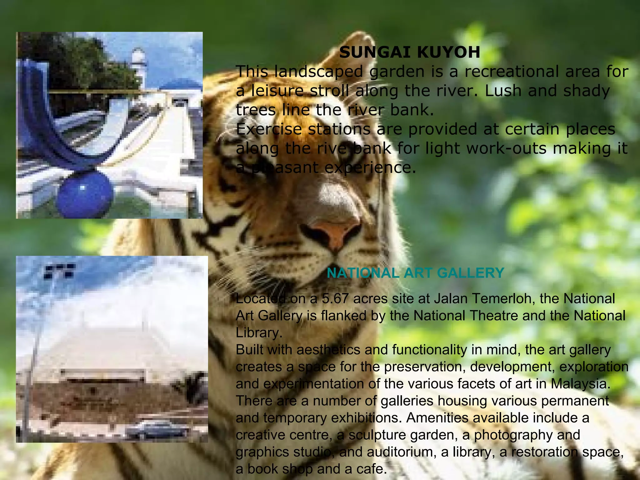 SUNGAI KUYOH This landscaped garden is a recreational area for a leisure stroll along the river. Lush and shady trees line the river bank. Exercise stations are provided at certain places along the rive bank for light work-outs making it a pleasant experience. NATIONAL ART GALLERY Located on a 5.67 acres site at Jalan Temerloh, the National Art Gallery is flanked by the National Theatre and the National Library. Built with aesthetics and functionality in mind, the art gallery creates a space for the preservation, development, exploration and experimentation of the various facets of art in Malaysia. There are a number of galleries housing various permanent and temporary exhibitions. Amenities available include a creative centre, a sculpture garden, a photography and graphics studio, and auditorium, a library, a restoration space, a book shop and a cafe. 