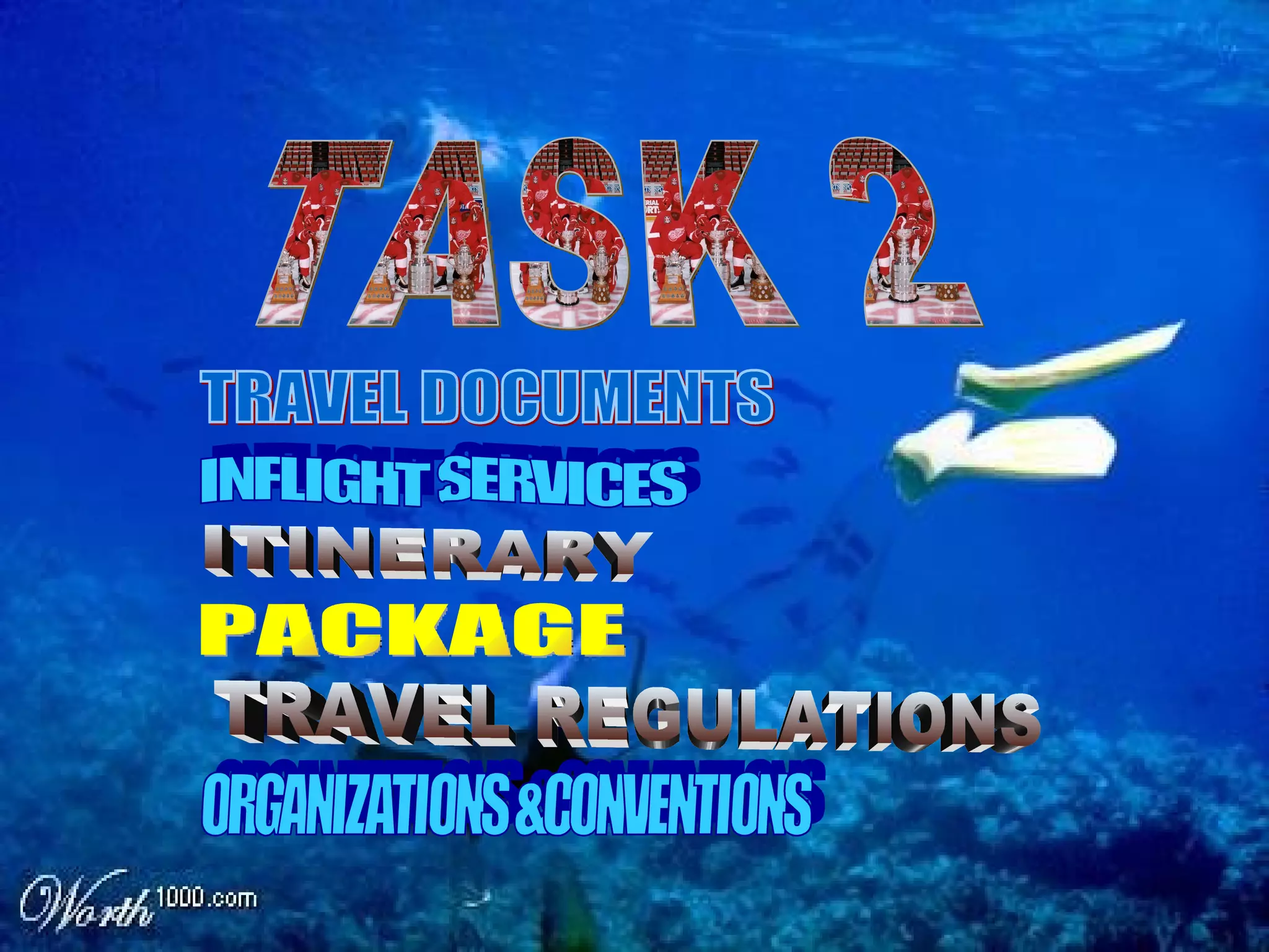 TASK 2 TRAVEL DOCUMENTS INFLIGHT SERVICES ITINERARY  PACKAGE TRAVEL REGULATIONS ORGANIZATIONS &CONVENTIONS 
