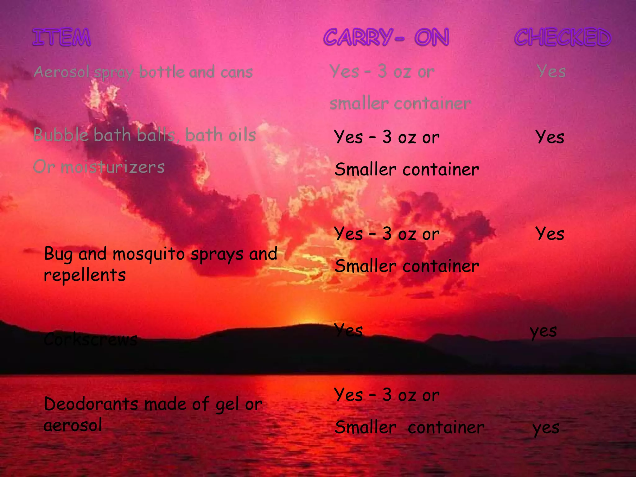 Yes – 3 oz or   Yes Smaller container  Yes – 3 oz or    Yes Smaller container  Yes   yes  Yes – 3 oz or  Smaller  container  yes  Bug and mosquito sprays and repellents  Corkscrews  Deodorants made of gel or aerosol  