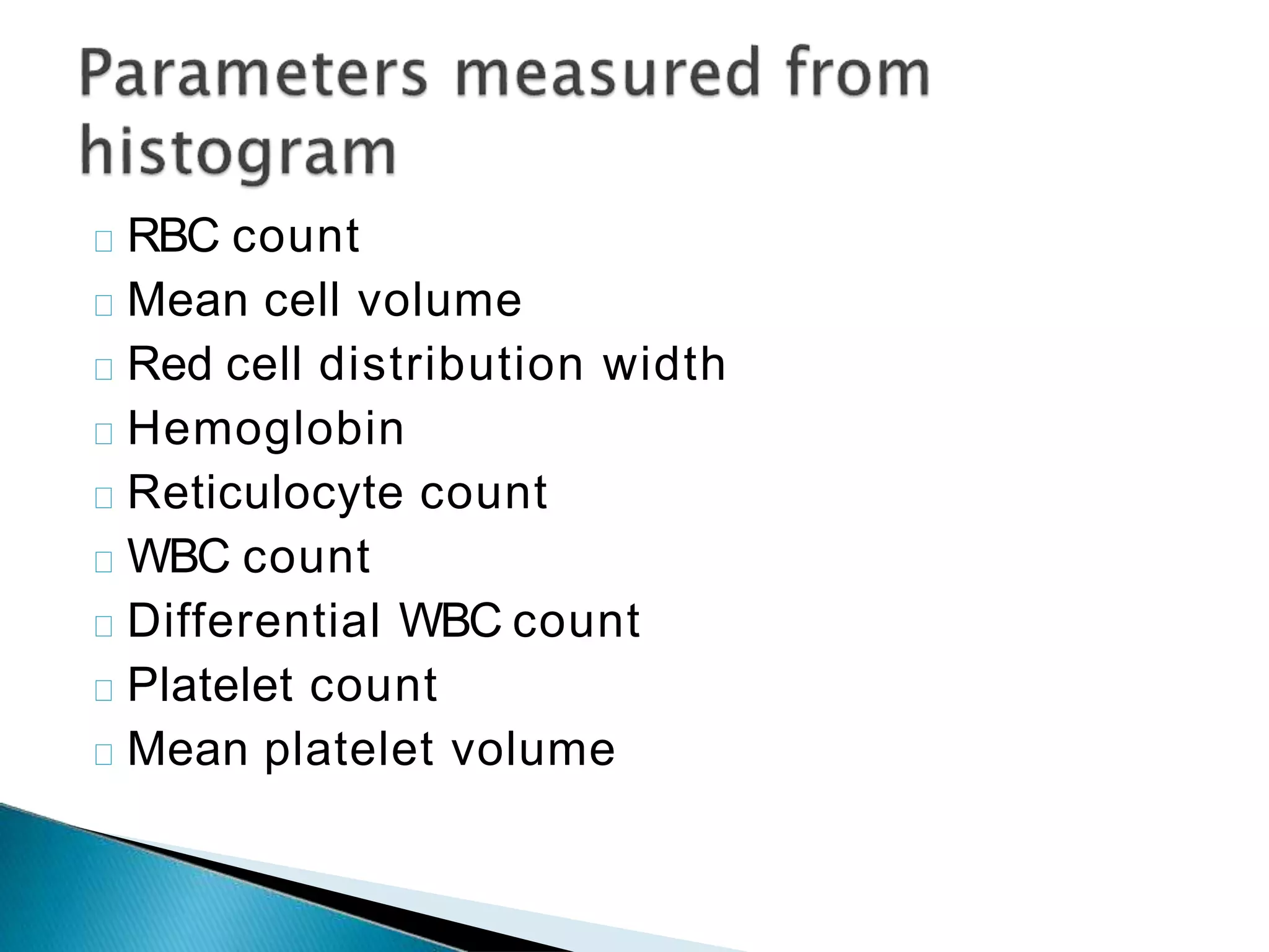 RBC count
Mean cell volume
Red cell distribution width
Hemoglobin
Reticulocyte count
WBC count
Differential WBC count
Platelet count
Mean platelet volume
 