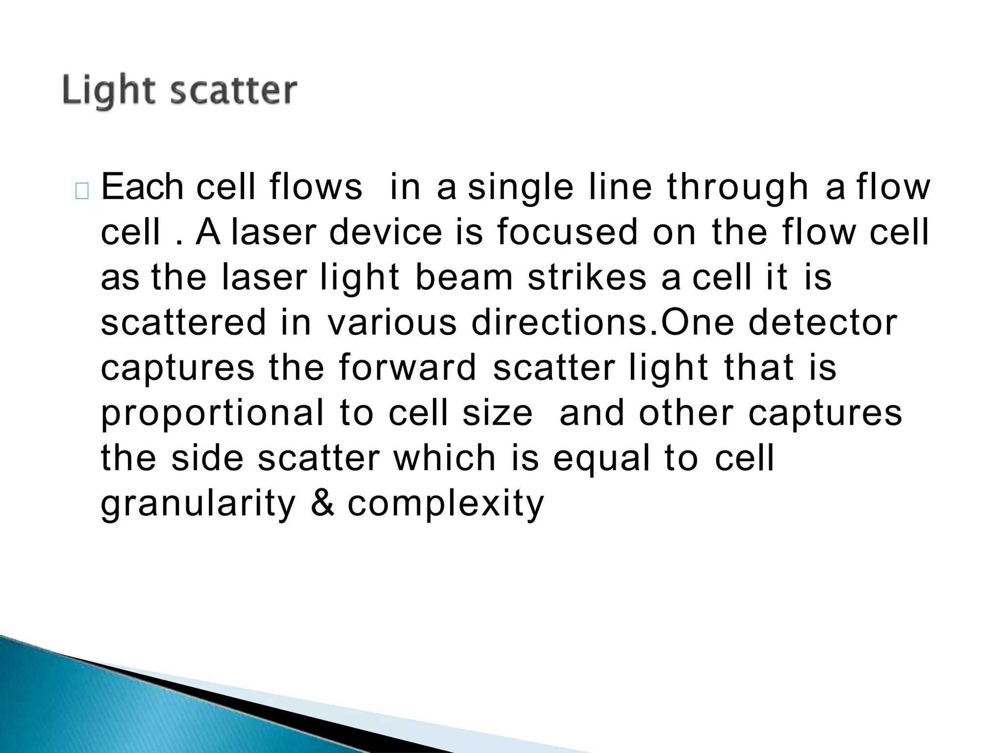 Each cell flows in a single line through a flow
cell . A laser device is focused on the flow cell
as the laser light beam strikes a cell it is
scattered in various directions.One detector
captures the forward scatter light that is
proportional to cell size and other captures
the side scatter which is equal to cell
granularity & complexity
 
