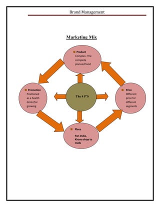 Brand Management

Marketing Mix
Product
Complan- The
complete
planned food

Promotion
Positioned
as a health
drink (for
growing
children)

The 4 P’S

Place
Pan India,
Kirana shop to
malls

Price
Different
price for
different
segments
with attract
packet

 