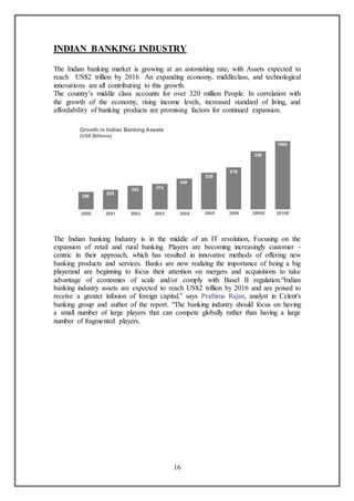 16
INDIAN BANKING INDUSTRY
The Indian banking market is growing at an astonishing rate, with Assets expected to
reach US$2 trillion by 2016. An expanding economy, middleclass, and technological
innovations are all contributing to this growth.
The country’s middle class accounts for over 320 million People. In correlation with
the growth of the economy, rising income levels, increased standard of living, and
affordability of banking products are promising factors for continued expansion.
The Indian banking Industry is in the middle of an IT revolution, Focusing on the
expansion of retail and rural banking. Players are becoming increasingly customer -
centric in their approach, which has resulted in innovative methods of offering new
banking products and services. Banks are now realizing the importance of being a big
playerand are beginning to focus their attention on mergers and acquisitions to take
advantage of economies of scale and/or comply with Basel II regulation.“Indian
banking industry assets are expected to reach US$2 trillion by 2016 and are poised to
receive a greater infusion of foreign capital,” says Prathima Rajan, analyst in Celent's
banking group and author of the report. “The banking industry should focus on having
a small number of large players that can compete globally rather than having a large
number of fragmented players.
 