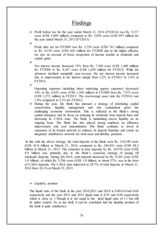 76
Findings
 Profit before tax for the year ended March 31, 2014 (FY2014) was Rs. 5,117
crore (US$ 1,009 million), compared to Rs. 5,056 crore (US$ 997 million) for
the year ended March 31, 2013 (FY2013).

Profit after tax for FY2009 was Rs. 3,758 crore (US$ 741 million) compared
to Rs. 4,158 crore (US$ 820 million) for FY2008 due to the higher effective
tax rate on account of lower proportion of income taxable as dividends and
capital gains.

Net interest income increased 15% from Rs. 7,304 crore (US$ 1,440 million)
for FY2008 to Rs. 8,367 crore (US$ 1,650 million) for FY2014. While the
advances declined marginally year-on-year, the net interest income increased
due to improvement in net interest margin from 2.2% in FY2013 to 2.4% in
FY2014.

Operating expenses (including direct marketing agency expenses) decreased
14% to Rs. 6,835 crore (US$ 1,348 million) in FY2009 from Rs. 7,972 crore
(US$ 1,572 million) in FY2013. The cost/average asset ratio for FY2014 was
1.8% compared to 2.2% for FY2013.
 During the year, the Bank has pursued a strategy of prioritizing capital
conservation, liquidity management and risk containment given the
challenging economic environment. This is reflected in the Bank’s strong
capital adequacy and its focus on reducing its wholesale term deposit base and
increasing its CASA ratio. The Bank is maintaining excess liquidity on an
ongoing basis. The Bank has also placed strong emphasis on efficiency
improvement and cost rationalization. The Bank continues to invest in
expansion of its branch network to enhance its deposit franchise and create an
integrated distribution network for both asset and liability products.
In line with the above strategy, the total deposits of the Bank were Rs. 218,348 crore
(US$ 43.0 billion) at March 31, 2014, compared to Rs. 244,431 crore (US$ 48.2
billion) at March 31, 2013. The reduction in term deposits by Rs. 24,970 crore (US$
4.9 billion) was primarily due to the Bank’s conscious strategy of paying off
wholesale deposits. During Q4-2014, total deposits increased by Rs. 9,283 crore (US$
1.8 billion), of which Rs. 5,286 crore (US$ 1.0 billion), or about 57%, was in the form
of CASA deposits. The CASA ratio improved to 28.7% of total deposits at March 31,
2014 from 26.1% at March 31, 2013.
 Liquidity position
The liquid ratio of the bank in the year 2010,2011 and 2014 is 0.60,0.67and 0.68
respectively and the year 2012 and 2013 liquid ratio is 0.97 and 0.88 respectively
which is close to 1.Though it is not equal to the ideal liquid ratio of 1:1 but still
its under control. So in nut shell, it can be concluded that the liquidity position of
the bank is quite satisfactory.
 