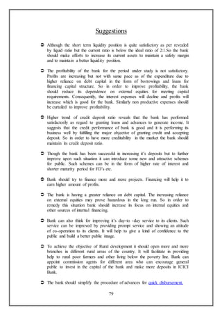 79
Suggestions
 Although the short term liquidity position is quite satisfactory as per revealed
by liquid ratio but the current ratio is below the ideal ratio of 2:1.So the bank
should make efforts to increase its current assets to maintain a safety margin
and to maintain a better liquidity position.
 The profitability of the bank for the period under study is not satisfactory.
Profits are increasing but not with same pace as of the expenditure due to
higher reliance on debt capital in the form of borrowings and loans for
financing capital structure. So in order to improve profitability, the bank
should reduce its dependence on external equities for meeting capital
requirements. Consequently, the interest expenses will decline and profits will
increase which is good for the bank. Similarly non productive expenses should
be curtailed to improve profitability.
 Higher trend of credit deposit ratio reveals that the bank has performed
satisfactorily as regard to granting loans and advances to generate income. It
suggests that the credit performance of bank is good and it is performing its
business well by fulfilling the major objective of granting credit and accepting
deposit. So in order to have more creditability in the market the bank should
maintain its credit deposit ratio.
 Though the bank has been successful in increasing it’s deposits but to further
improve upon such situation it can introduce some new and attractive schemes
for public. Such schemes can be in the form of higher rate of interest and
shorter maturity period for FD’s etc.
 Bank should try to finance more and more projects. Financing will help it to
earn higher amount of profits.
 The bank is having a greater reliance on debt capital. The increasing reliance
on external equities may prove hazardous in the long run. So in order to
remedy this situation bank should increase its focus on internal equities and
other sources of internal financing.
 Bank can also think for improving it’s day-to -day service to its clients. Such
service can be improved by providing prompt service and showing an attitude
of co-operation to its clients. It will help to give a kind of confidence to the
public and build a better public image.
 To achieve the objective of Rural development it should open more and more
branches in different rural areas of the country. It will facilitate in providing
help to rural poor farmers and other living below the poverty line. Bank can
appoint commission agents for different area who can encourage general
public to invest in the capital of the bank and make more deposits in ICICI
Bank.
 The bank should simplify the procedure of advances for quick disbursement.
 