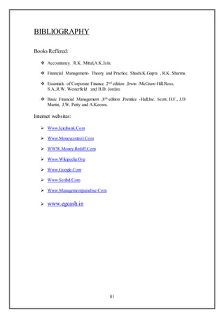 81
BIBLIOGRAPHY
Books Reffered:
 Accountancy. R.K. Mittal,A.K.Jain.
 Financial Management- Theory and Practice. Shashi.K.Gupta , R.K. Sharma.
 Essentials of Corporate Finance 2nd edition ,Irwin /McGraw-Hill.Ross,
S.A.,R.W. Westerfield and B.D. Jordan.
 Basic Financial Management ,8th edition ,Prentice -Hall,Inc. Scott, D.F., J.D
Martin, J.W. Petty and A.Keown.
Internet websites:
 Www.Icicibank.Com
 Www.Moneycontrol.Com
 WWW.Money.Rediff.Com
 Www.Wikipedia.Org
 Www.Google.Com
 Www.Scribd.Com
 Www.Managementparadise.Com
 www.egcash.in
 