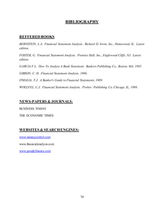 70
BIBLIOGRAPHY
REFFERED BOOKS
BERNSTEIN, L.A. Financial Statement Analysis. Richard D. Irwin, Inc., Homewood, IL. Latest
edition.
FOSTER, G. Financial Statement Analysis. Prentice Hall, Inc., Englewood Cliffs, NJ. Latest
edition.
GARCIA F.L. How To Analyze A Bank Statement. Bankers Publishing Co., Boston, MA, 1985.
GIBSON, C. H. Financial Statement Analysis, 1986.
O'MALIA, T.J. A Banker's Guide to Financial Statements, 1989.
WOELFEL, C.J. Financial Statement Analysis. Probes’ Publishing Co. Chicago, IL, 1988.
NEWS-PAPERS & JOURNALS:
BUSINESS TODAY
THE ECONOMIC TIMES
WEBSITES & SEARCHENGINES:
www.moneycontrol.com
www.financialanalysis.com
www.googlefinance.com
 