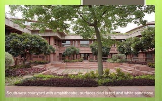 South-west courtyard with amphitheatre, surfaces clad in red and white sandstone.
 