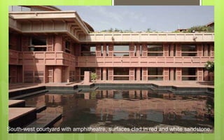 South-west courtyard with amphitheatre, surfaces clad in red and white sandstone.
 