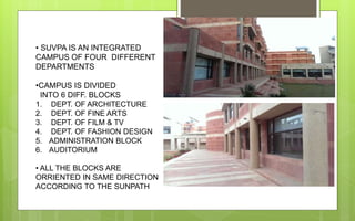 • SUVPA IS AN INTEGRATED
CAMPUS OF FOUR DIFFERENT
DEPARTMENTS
•CAMPUS IS DIVIDED
INTO 6 DIFF. BLOCKS
1. DEPT. OF ARCHITECTURE
2. DEPT. OF FINE ARTS
3. DEPT. OF FILM & TV
4. DEPT. OF FASHION DESIGN
5. ADMINISTRATION BLOCK
6. AUDITORIUM
• ALL THE BLOCKS ARE
ORRIENTED IN SAME DIRECTION
ACCORDING TO THE SUNPATH
 