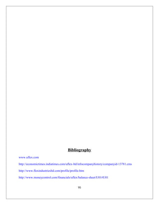 Bibliography
www.uflex.com
http://economictimes.indiatimes.com/uflex-ltd/infocompanyhistory/companyid-13781.cms
http://www.flexindustriesltd.com/profile/profile.htm
http://www.moneycontrol.com/financials/uflex/balance-sheet/U01#U01
95
 