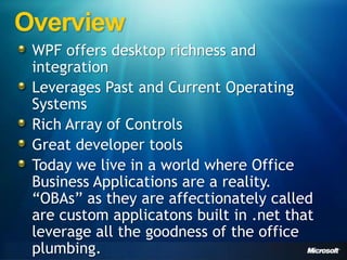 Overview WPF offers desktop richness and integration Leverages Past and Current Operating Systems Rich Array of Controls Great developer tools Today we live in a world where Office Business Applications are a reality.  “OBAs” as they are affectionately called are custom applicatons built in .net that leverage all the goodness of the office plumbing. 