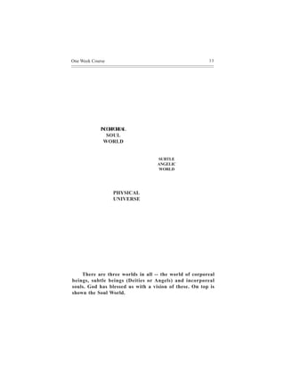 One Week Course                                         33




             I C RO E L
             N O P RA
                SOUL
               WORLD


                                   SUBTLE
                                   ANGELIC
                                   WORLD




                  PHYSICAL
                  UNIVERSE




    There are three worlds in all -- the world of corporeal
beings, subtle beings (Deities or Angels) and incorporeal
souls. God has blessed us with a vision of these. On top is
shown the Soul World.
 