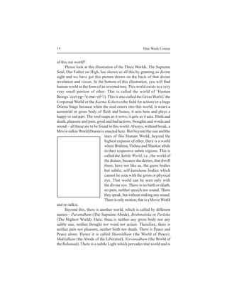 34                                                        One Week Course


of this our world?
      Please look at this illustration of the Three Worlds. The Supreme
Soul, Our Father on High, has shown us all this by granting us divine
sight and we have got this picture drawn on the basis of that divine
revelation and vision. At the bottom of this illustration, you will find
human world in the form of an inverted tree. This world exists in a very
very small portion of ether. This is called the world of ‘Human
Beings.’(ceveg<³e-me=ef<ì). This is also called the Gross World,’ the
Corporeal World or the Karma Kshetra (the field for action) or a huge
Drama Stage because when the soul enters into this world, it wears a
terrestrial or gross body of flesh and bones; it acts here and plays a
happy or sad part. The soul reaps as it sows; it gets as it acts. Birth and
death, pleasure and pain, good and bad actions, thoughts and words and
sound—all these are to be found in this world. Always, without break, a
Movie-talkie World Drama is enacted here. But beyond the sun and the
                                 stars of this Human World, beyond the
                                 highest expanse of ether, there is a world
                                 where Brahma, Vishnu and Shankar abide
                                 in their respective subtle regions. This is
                                 called the Subtle World, i.e., the world of
                                 the deities, because the deities, that dwell
                                 there, have not like us, the gross bodies
                                 but subtle, self-luminous bodies which
                                 cannot be seen with the gross or physical
                                 eye. That world can be seen only with
                                 the divine eye. There is no birth or death,
                                 no pain, neither speech nor sound. There
                                 they speak, but without making any sound.
                                 There is only motion; that is a Movie World
and no talkie.
      Beyond this, there is another world, which is called by different
names—Paramdham (The Supreme Abode), Brahmaloka or Parloka
(The Highest World). Here, there is neither any gross body nor any
subtle one, neither thought nor word nor action. Therefore, there is
neither pain nor pleasure, neither birth nor death. There is Peace and
Peace alone. Hence it is called Shantidham (the World of Peace).
Muktidham (the Abode of the Liberated), Nirvanadham (the World of
the Released). There is a subtle Light which pervades that world and is
 