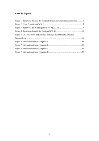 iii
Lista de Figuras
Figura 1: Repartição Setorial dos Fundos Estruturais (Anterior Regulamento)………7
Figura 2: Eixos Prioritários (QCA I)…………………………………………………..7
Figura 3: Repartição das Verbas por Fundos (QCA- II)…………………………..…..9
Figura 4: Repartição Setorial dos Fundos (QCA III)…………………….………......10
Figura 5: Os Três Setores da Economia ao Longo dos Diferentes Quadros
Comunitários……………………………………………………………………...….16
Figura 6: Internacionalização- Empresa A………………………………………...…33
Figura 7: Internacionalização- Empresa B…………………………………..……….35
Figura 8: Internacionalização- Empresa C………………………………….………..36
Figura 9: Internacionalização- Empresa D…………………………………...………39
 