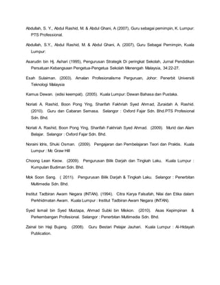 Abdullah, S. Y., Abdul Rashid, M. & Abdul Ghani, A (2007), Guru sebagai pemimpin, K. Lumpur:
PTS Professional.
Abdullah, S.Y., Abdul Rashid, M. & Abdul Ghani, A. (2007), Guru Sebagai Pemimpin, Kuala
Lumpur:
Asarudin bin Hj. Ashari (1995), Pengurusan Strategik Di peringkat Sekolah, Jurnal Pendidikan
Persatuan Kebangsaan Pengetua-Pengetua Sekolah Menengah Malaysia, 34:22-27.
Esah Sulaiman. (2003). Amalan Profesionalisme Perguruan, Johor: Penerbit Universiti
Teknologi Malaysia
Kamus Dewan. (edisi keempat). (2005). Kuala Lumpur: Dewan Bahasa dan Pustaka.
Noriati A. Rashid, Boon Pong Ying, Sharifah Fakhriah Syed Ahmad, Zuraidah A. Rashid.
(2010). Guru dan Cabaran Semasa. Selangor : Oxford Fajar Sdn. Bhd.PTS Profesional
Sdn. Bhd.
Noriati A. Rashid, Boon Pong Ying, Sharifah Fakhriah Syed Ahmad. (2009). Murid dan Alam
Belajar. Selangor : Oxford Fajar Sdn. Bhd.
Noraini Idris, Shuki Osman. (2009). Pengajaran dan Pembelajaran Teori dan Praktis. Kuala
Lumpur : Mc Graw Hill
Choong Lean Keow. (2009). Pengurusan Bilik Darjah dan Tingkah Laku. Kuala Lumpur :
Kumpulan Budiman Sdn. Bhd.
Mok Soon Sang. ( 2011). Pengurusan Bilik Darjah & Tingkah Laku. Selangor : Penerbitan
Multimedia Sdn. Bhd.
Institut Tadbiran Awam Negara (INTAN). (1994). Citra Karya Falsafah, Nilai dan Etika dalam
Perkhidmatan Awam. Kuala Lumpur : Institut Tadbiran Awam Negara (INTAN).
Syed Ismail bin Syed Mustapa, Ahmad Subki bin Miskon. (2010). Asas Kepimpinan &
Perkembangan Profesional. Selangor : Penerbitan Multimedia Sdn. Bhd.
Zainal bin Haji Bujang. (2008). Guru Bestari Pelajar Jauhari. Kuala Lumpur : Al-Hidayah
Publication.
 