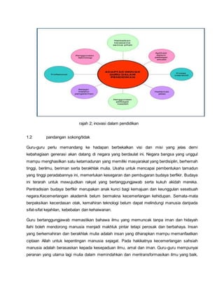 rajah 2; inovasi dalam pendidikan
1.2 pandangan sokong/tidak
Guru-guru perlu memandang ke hadapan berbekalkan visi dan misi yang jelas demi
kebahagiaan generasi akan datang di negara yang berdaulat ini. Negara bangsa yang unggul
mampu menghasilkan satu ketamadunan yang memiliki masyarakat yang berdisiplin, berhemah
tinggi, berilmu, beriman serta berakhlak mulia. Usaha untuk mencapai pembentukan tamadun
yang tinggi peradabannya ini, memerlukan kesegaran dan pembugaran budaya berfikir. Budaya
ini terarah untuk mewujudkan rakyat yang bertanggungjawab serta kukuh akidah mereka.
Pentradisian budaya berfikir merupakan anak kunci bagi kemajuan dan keunggulan sesebuah
negara.Kecemerlangan akademik belum bermakna kecemerlangan kehidupan. Semata-mata
berpaksikan kecerdasan otak, kemahiran teknologi belum dapat melindungi manusia daripada
sifat-sifat kejahilan, kebebalan dan kehaiwanan.
Guru bertanggungjawab memastikan bahawa ilmu yang memuncak tanpa iman dan hidayah
llahi boleh mendorong manusia menjadi makhluk pintar tetapi perosak dan berbahaya. lnsan
yang berkemahiran dan berakhlak mulia adalah insan yang diharapkan mampu memanfaatkan
ciptaan Allah untuk kepentingan manusia sejagat. Pada hakikatnya kecemerlangan sahsiah
manusia adalah berasaskan kepada kesepaduan ilmu, amal dan iman. Guru-guru mempunyai
peranan yang utama lagi mulia dalam memindahkan dan mentransformasikan ilmu yang baik,
 