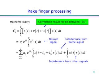 Rake finger processing Mathematically: Correlation result for bit between Interference from same signal Interference from other signals Desired signal 