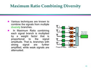 Maximum Ratio Combining Diversity Various techniques are known to combine the signals from multiple  diversity  branches. In Maximum Ratio combining each signal branch is multiplied by a weight factor that is proportional to the signal amplitude. That is, branches with strong signal are further amplified, while weak signals are attenuated.  